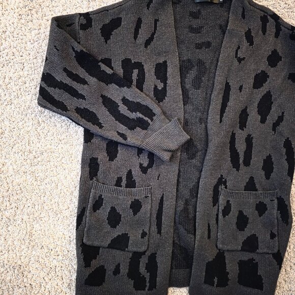 ZESICA Leopard Print Open Front Cardigan Sweater with Pockets Grey Black Medium - Picture 3 of 6